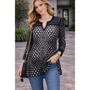 Vocal Black Studded Mesh Polka Dot Print Long Sleeve Tunic Women's Large